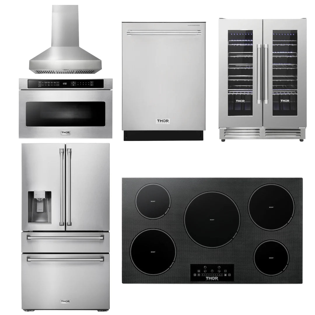 36 Induction Cooktop, Range Hood, Microwave, Refrigerator, Dishwasher, Wine Cooler T50154