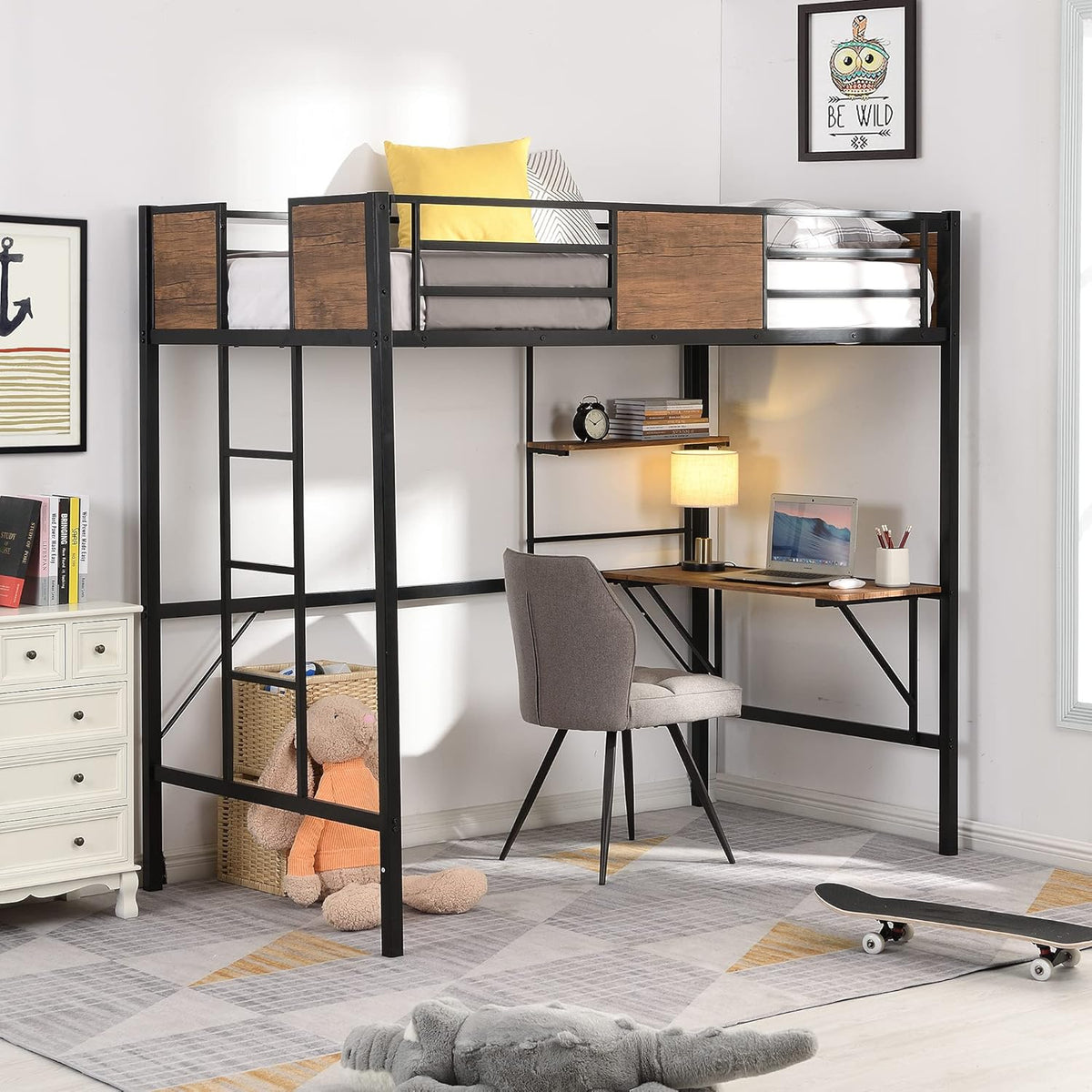 Twin Size Low Loft Bed with Slide, Storage Staircase, Safety Guardrails, Solid Pine Wood Bedframe, White E5527