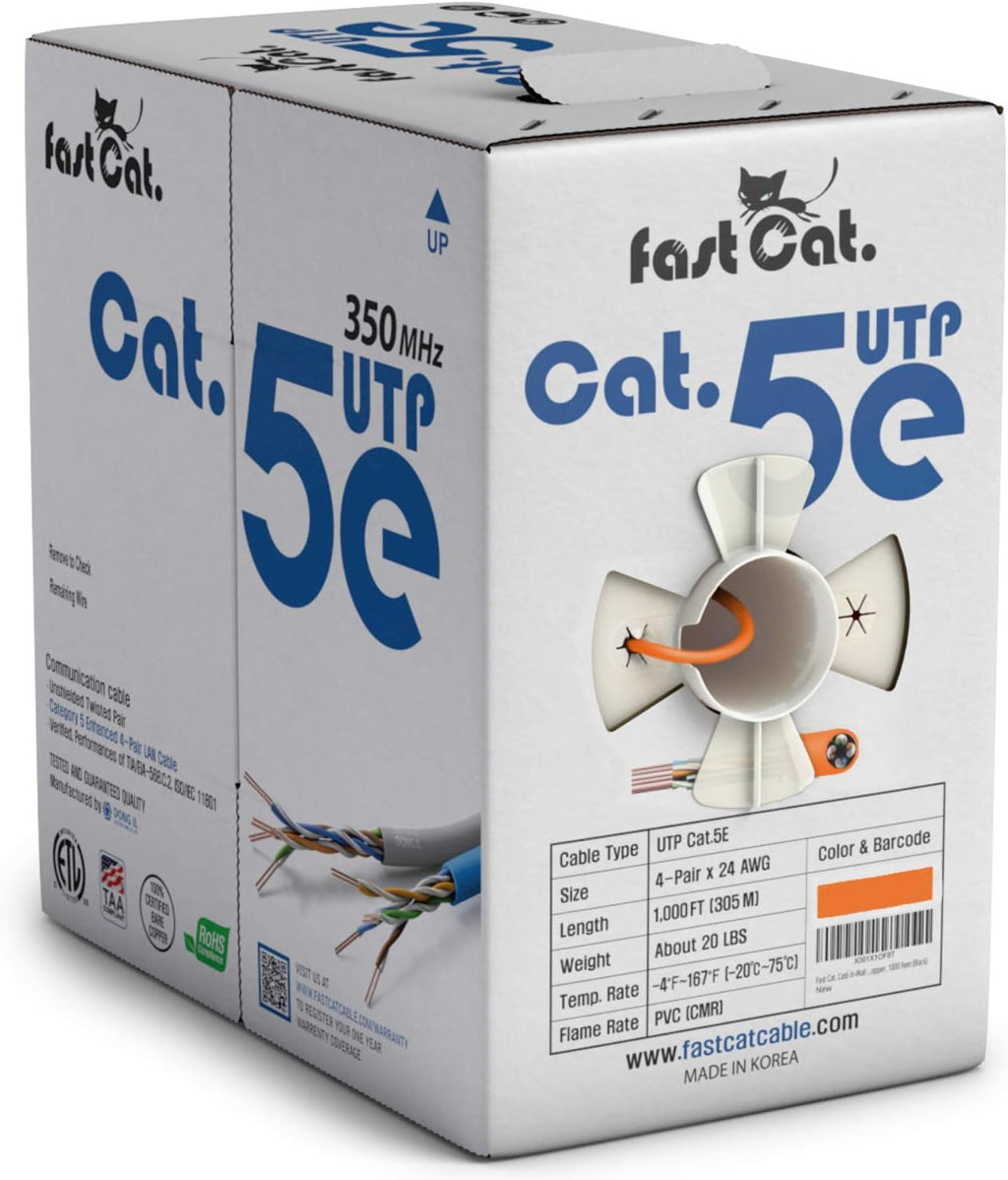 Cat5e Ethernet Cable 1000ft - 24 AWG CMR Insulated Bare Copper Wire UTP LAN Cable S8479
