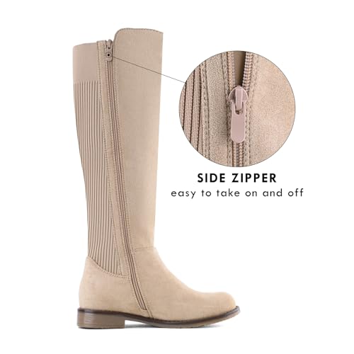 Knee High Boots Flat Low Heel Stretchy Round Toe with Side Zipper B976482
