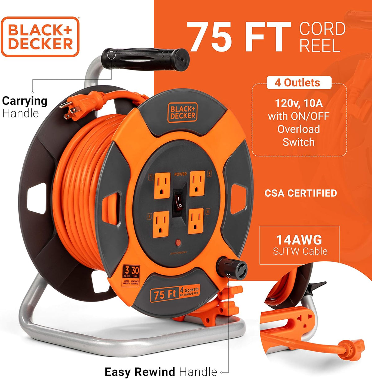 75 ft 4 Outlets 14AWG SJTW Retractable Extension Cord Q963924