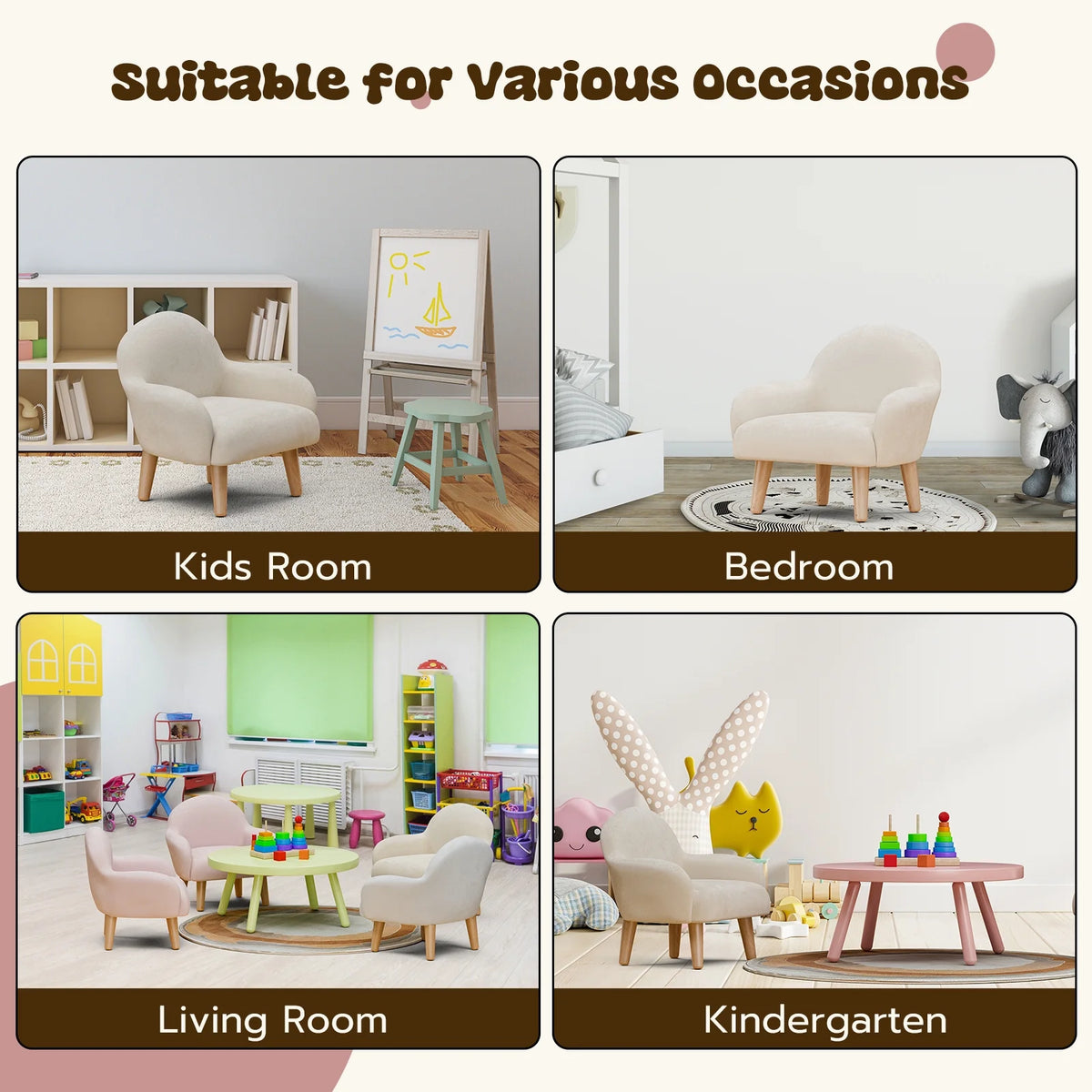 Beige Velvet Kids Armchair with Wooden Legs Z289