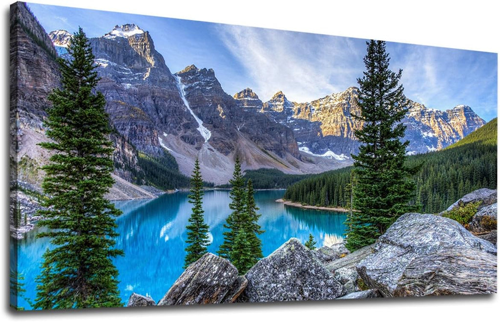 Canvas Wall Art Mountain and Lake Nature Picture Paintings - Long Canvas Artwork Moraine Lake Panoramic Contemporary Art 20 x 40 H10279