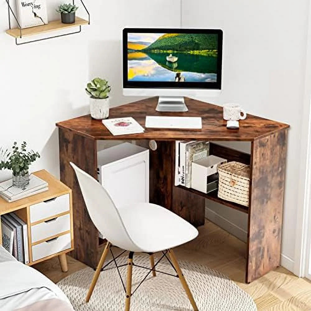 Corner Computer Desk Triangular Writing Desk with 2 Shelves Y49776