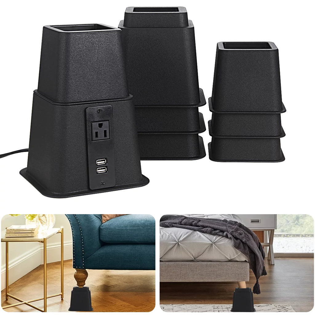 Black Adjustable Bed Riser with Power Outlet and USB Ports Set of 4 B5762