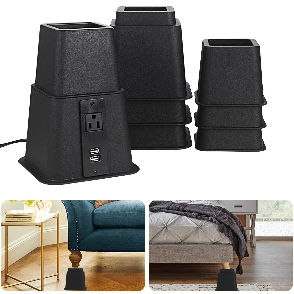 Black Adjustable Bed Riser with Power Outlet and USB Ports Set of 4 B5762