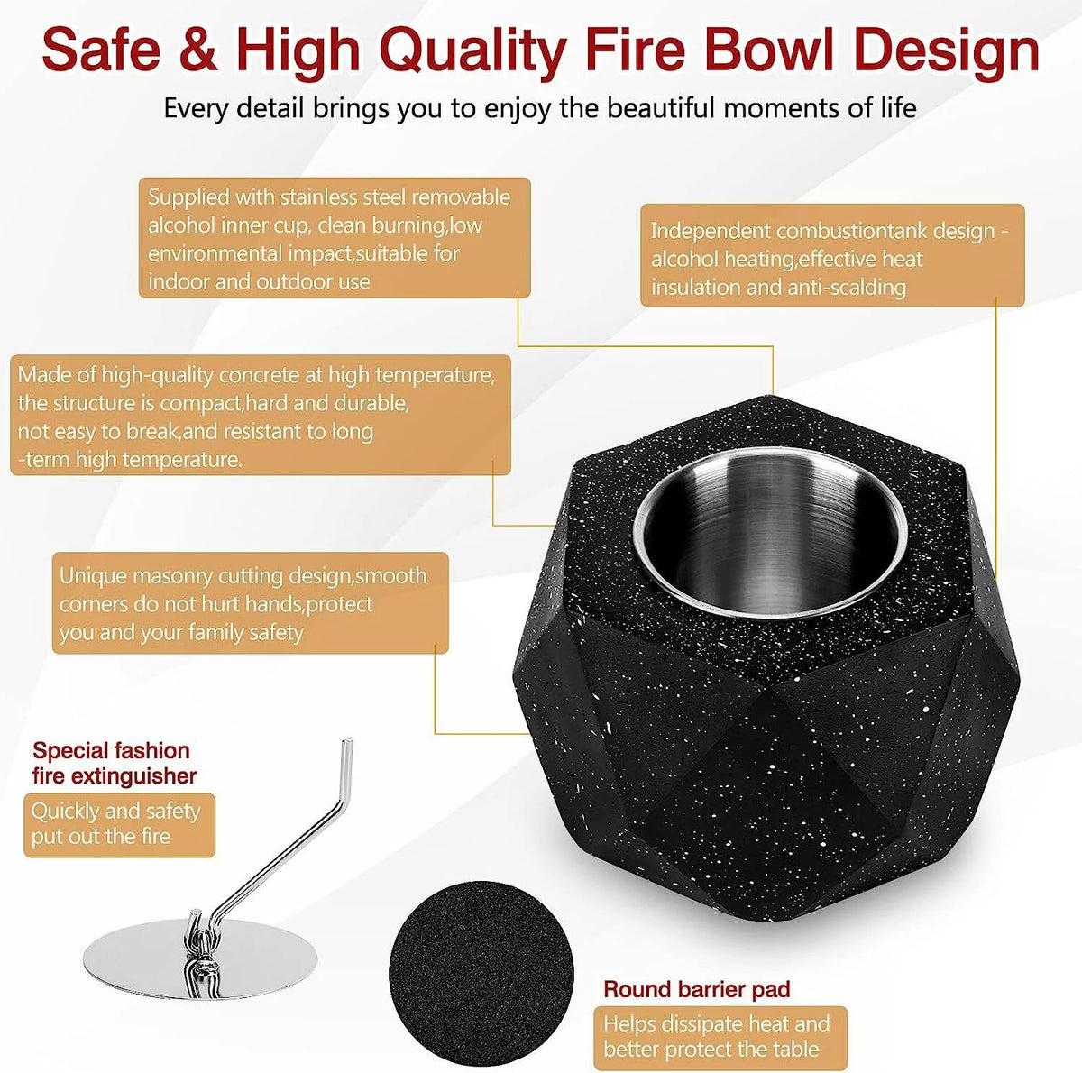 Concrete Tabletop Fire Pit Bowl Alcohol Burner E8265