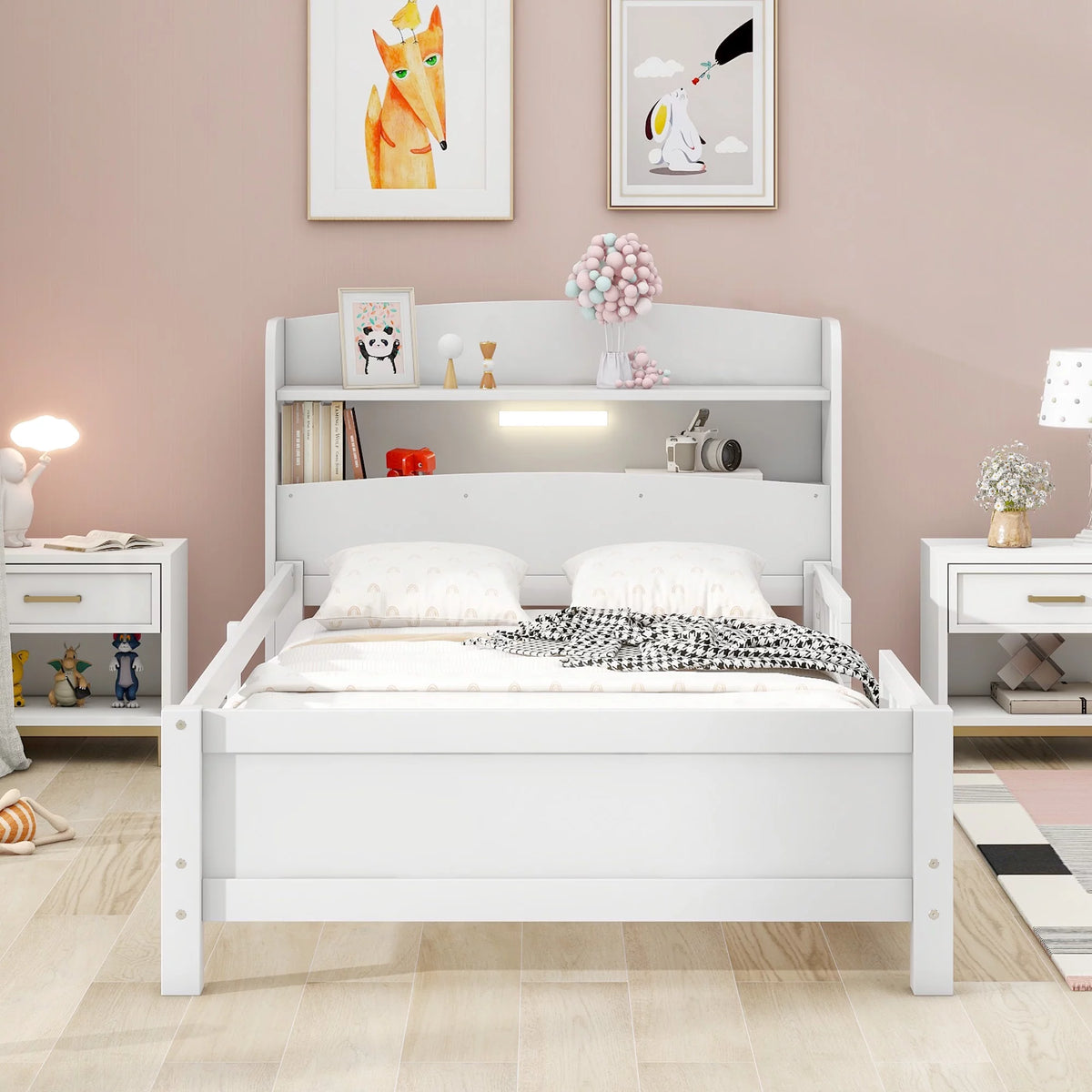 White Twin Size Wood Platform Bed with Storage Headboard and Guardrail D431