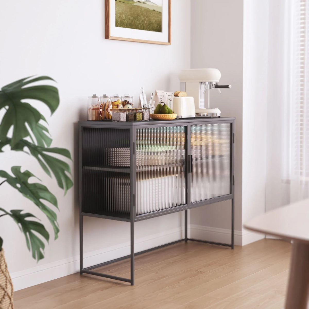 Gray Fluted Glass Sideboard Storage Cabinet Console Table N2451