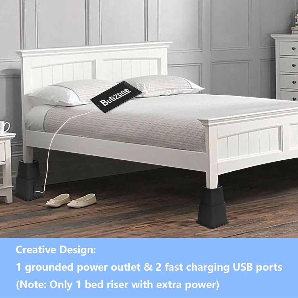 Black Adjustable Bed Riser with Power Outlet and USB Ports Set of 4 B5762