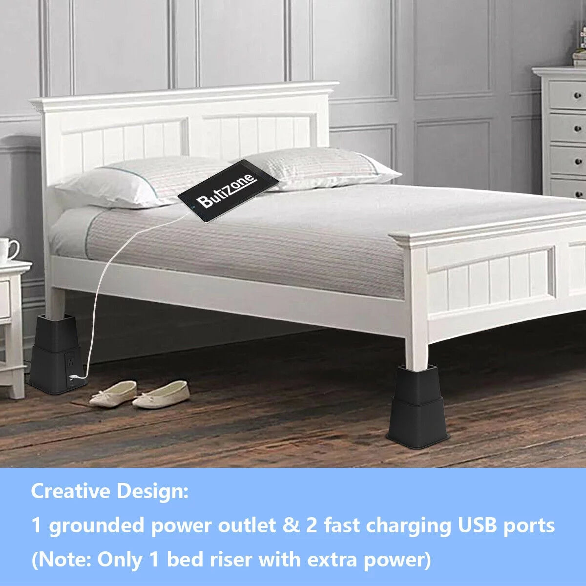 Black Adjustable Bed Riser with Power Outlet and USB Ports Set of 4 B5762