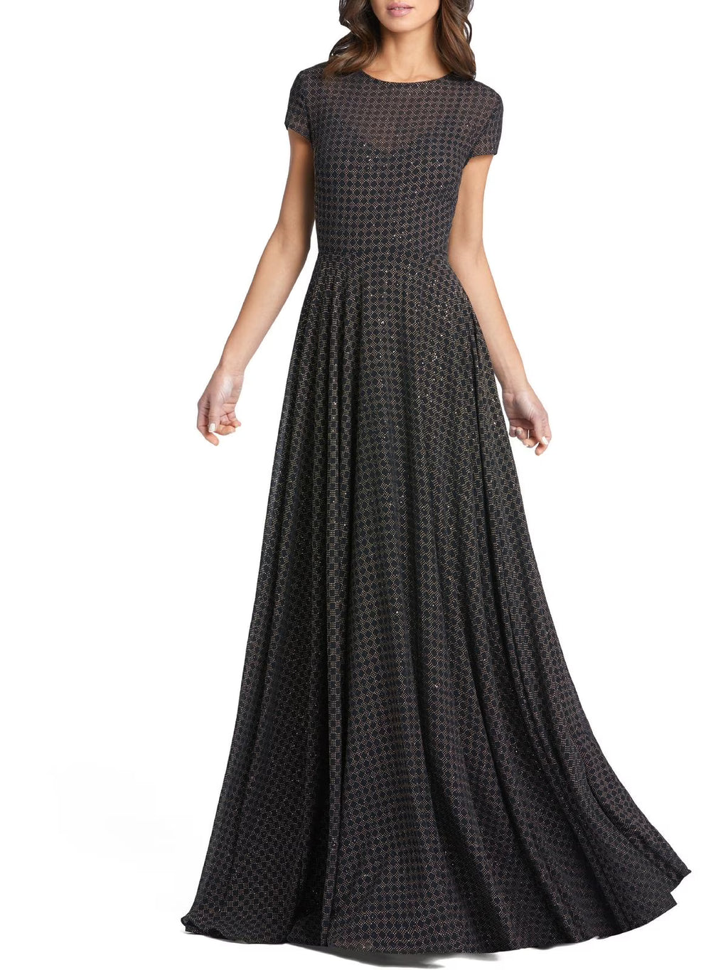 Patterned Short Sleeve A-Line Gown with Sweep Train D491286