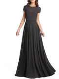 Patterned Short Sleeve A-Line Gown with Sweep Train D491286