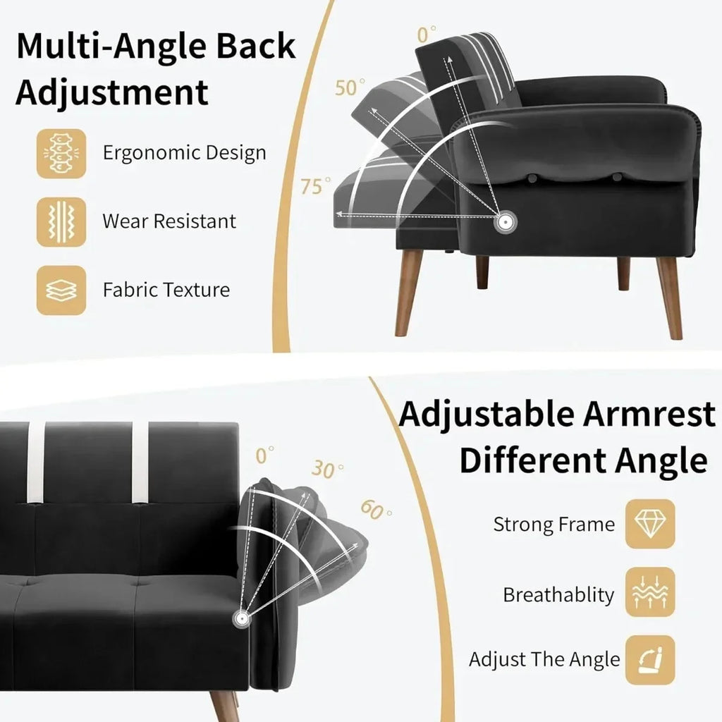 Black Velvet Sofa Bed with Adjustable Armrests P299
