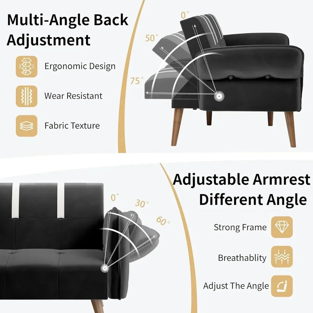 Black Velvet Sofa Bed with Adjustable Armrests P299