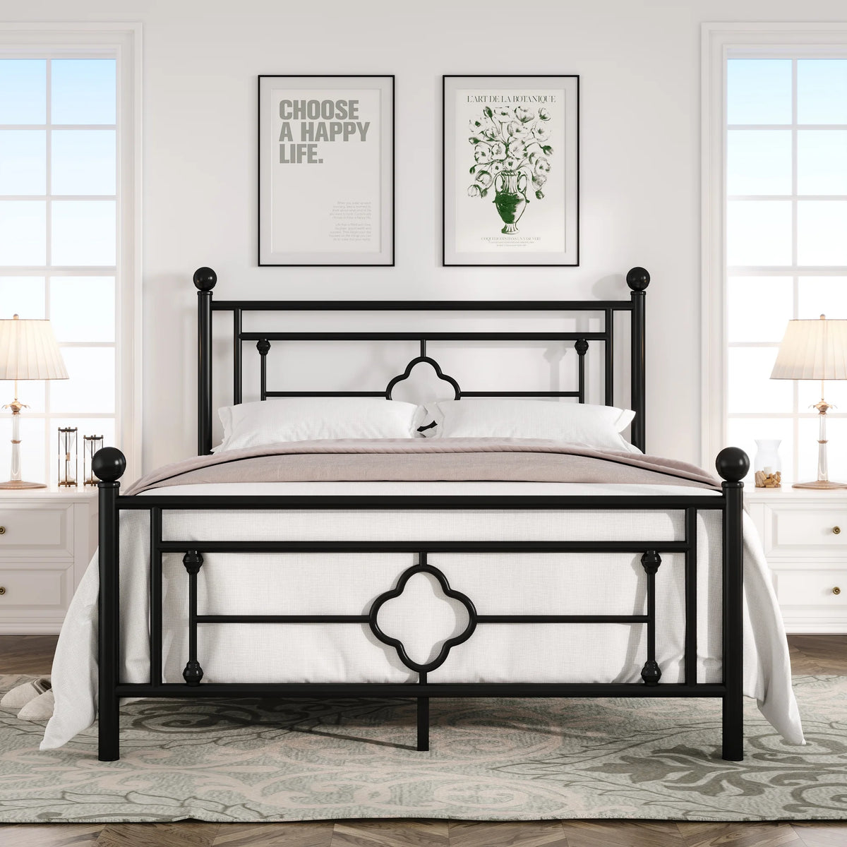 Queen Size Black Metal Bed with Vintage Headboard H9706