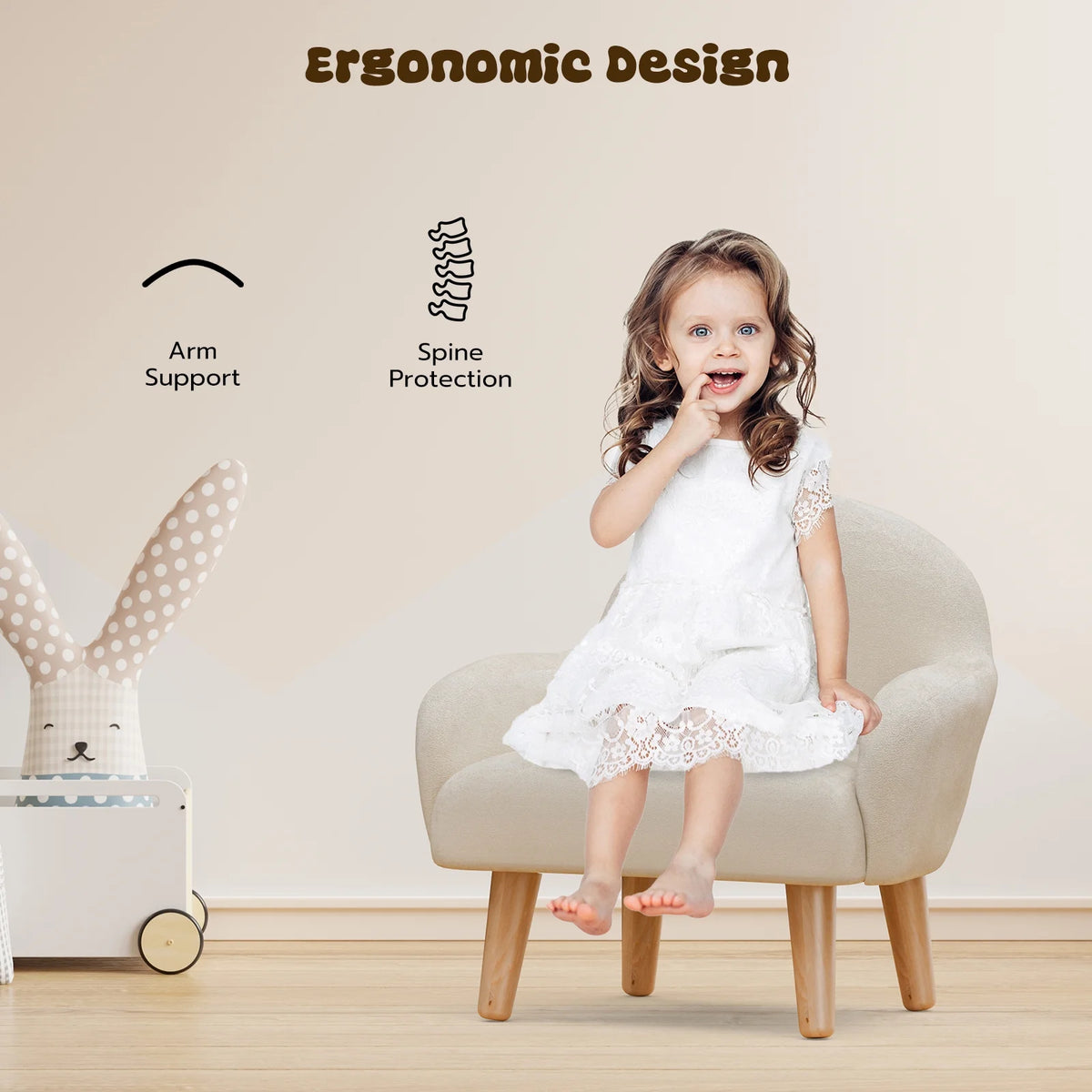 Beige Velvet Kids Armchair with Wooden Legs Z289
