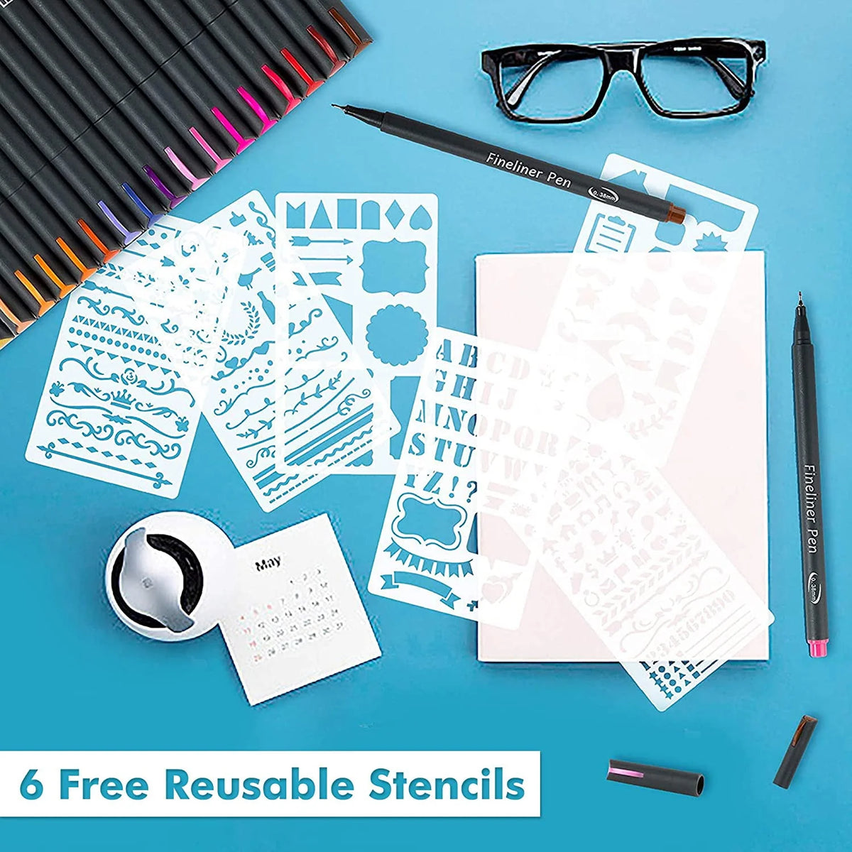 46 Pack Colored Fineliner Pens with 6 Stencils Y613495