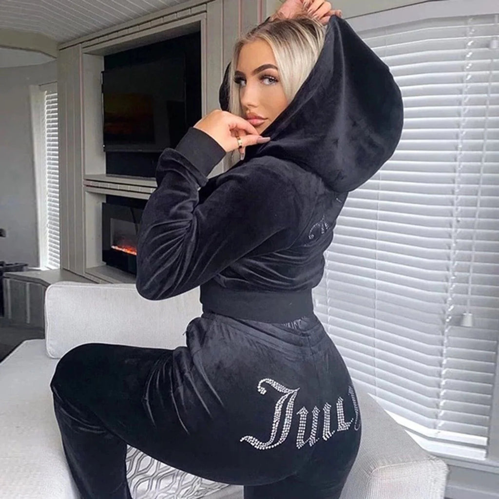 Velour 2-Piece Hoodie Tracksuit Set E75574