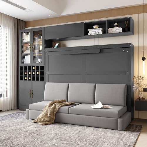 Grey Queen Size Murphy Bed with Sofa and Shelves E688