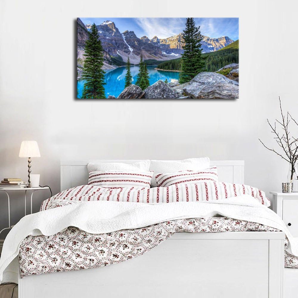 Canvas Wall Art Mountain and Lake Nature Picture Paintings - Long Canvas Artwork Moraine Lake Panoramic Contemporary Art 20 x 40 H10279