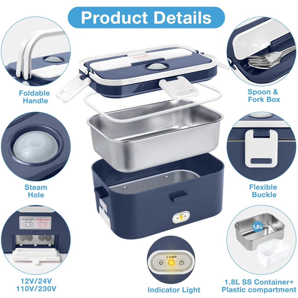 Electric Lunch Box Food Heater 60W 1.8L Stainless Steel Green Royal Blue N9727