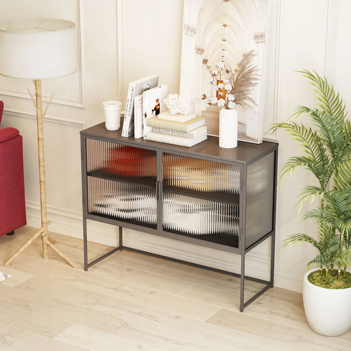 Gray Fluted Glass Sideboard Storage Cabinet Console Table N2451
