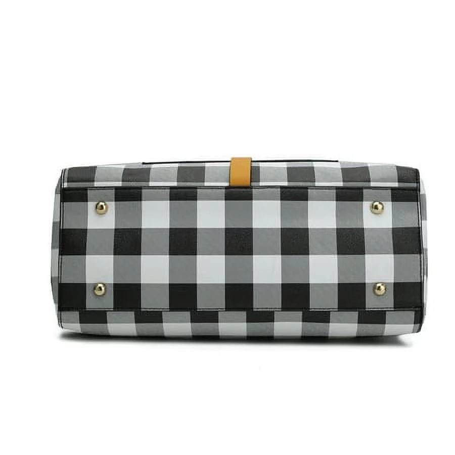 Vegan Leather Checkered Satchel Bag with Wallet 2 Piece Set N73922