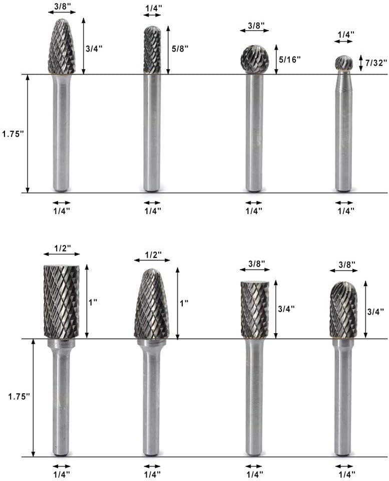 Carbide Burr Set with 1/4'' Shank 8pcs Double Cut Solid Carbide Rotary Burr Set C489