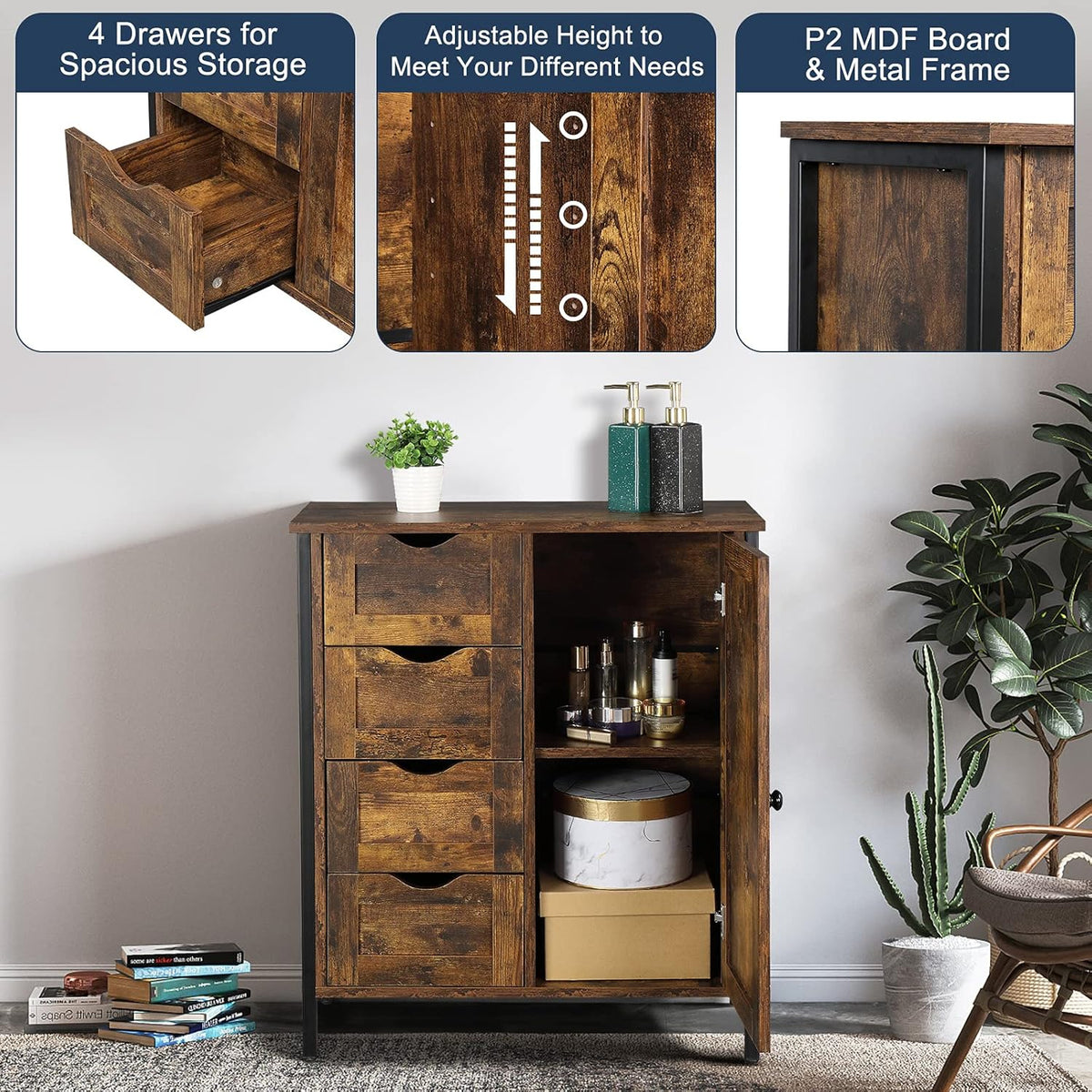 Rustic Brown 4 Drawer 1 Door Wooden Metal Frame Bathroom Floor Cabinet P19450