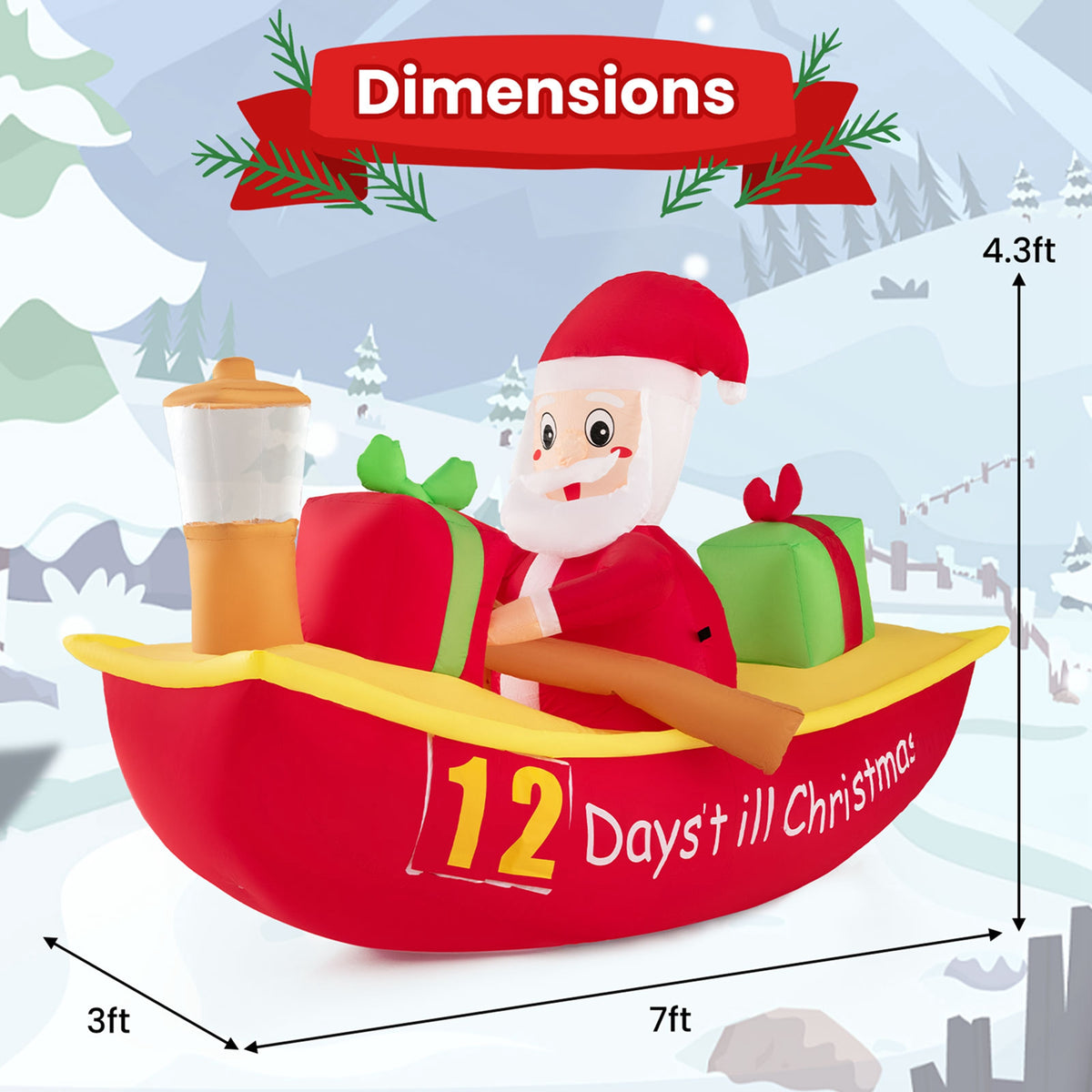 7 FT Christmas Inflatable Santa Claus Rowing Boat with Navigation Light N186860