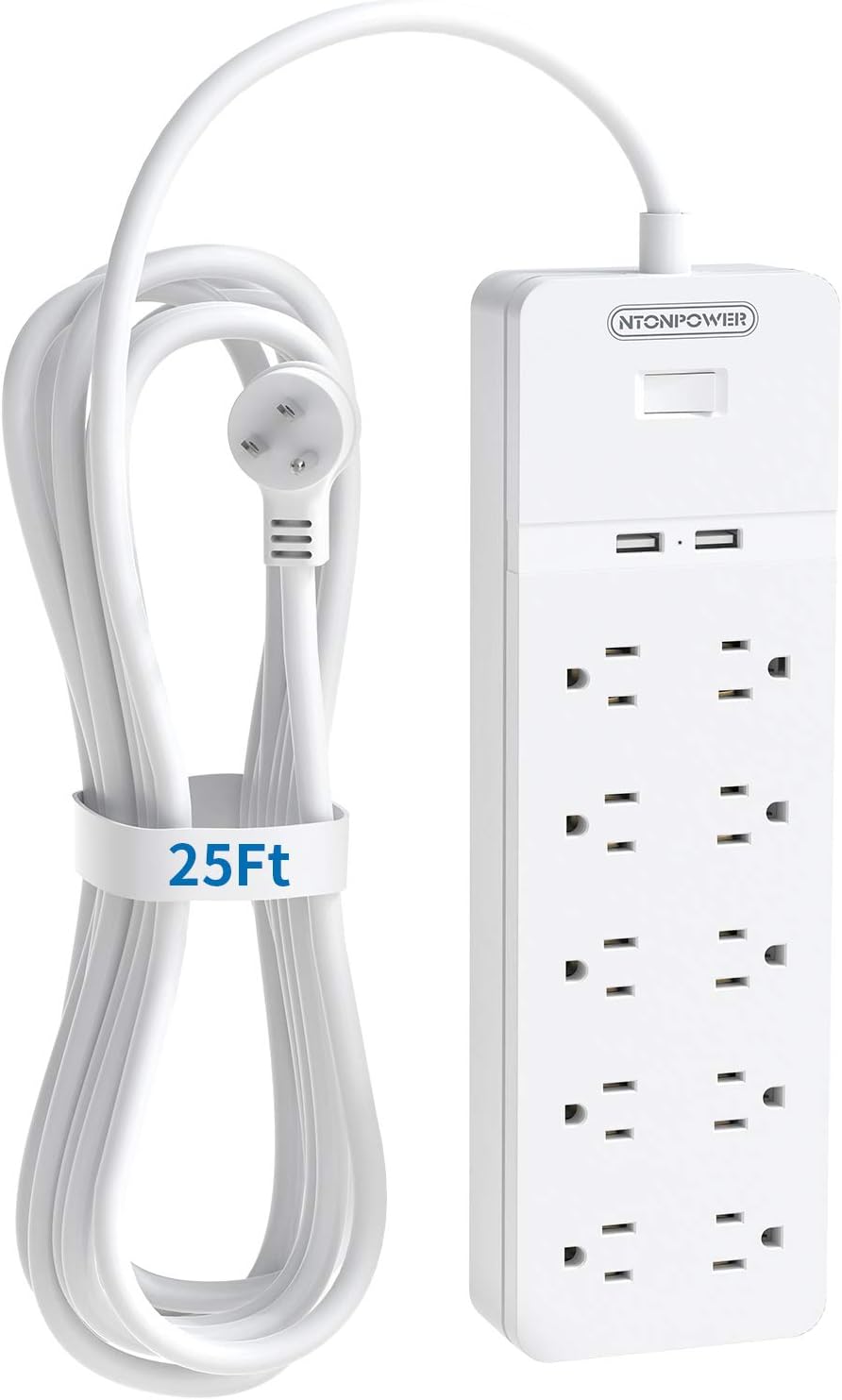 25 Ft Extension Cord Surge Protector with 10 Outlets 2 USB, Pack of 2 T350807
