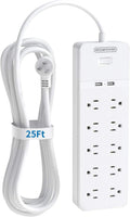 25 Ft Extension Cord Surge Protector with 10 Outlets 2 USB, Pack of 2 T350807
