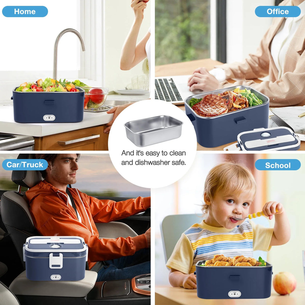 Electric Lunch Box Food Heater 60W 1.8L Stainless Steel Green Royal Blue N9727