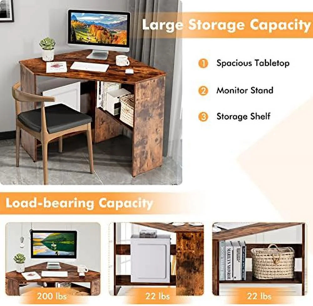 Corner Computer Desk Triangular Writing Desk with 2 Shelves Y49776