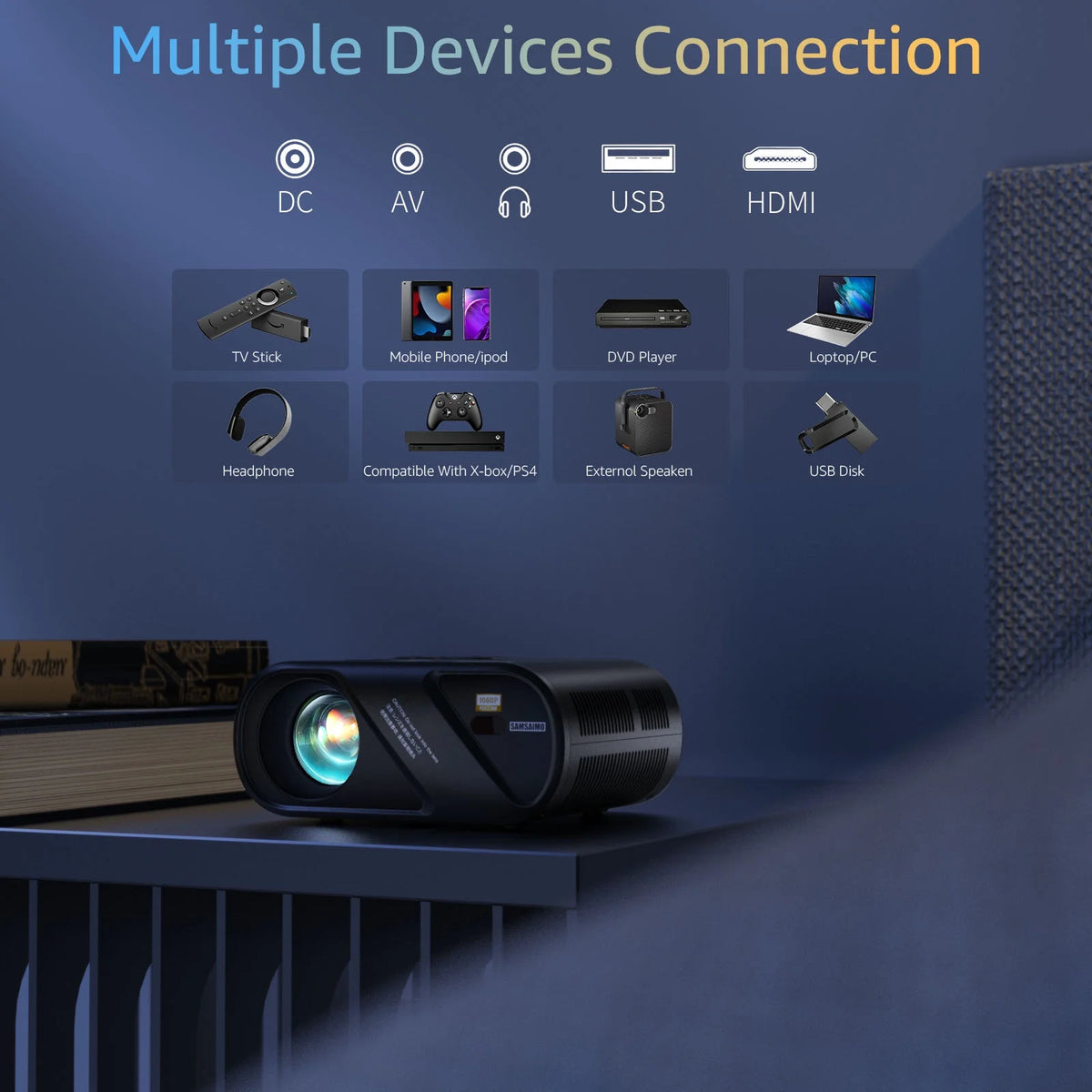 5G Wifi Mini Projector with 100 Projector Screen, Full HD 1080P, Black Q4319