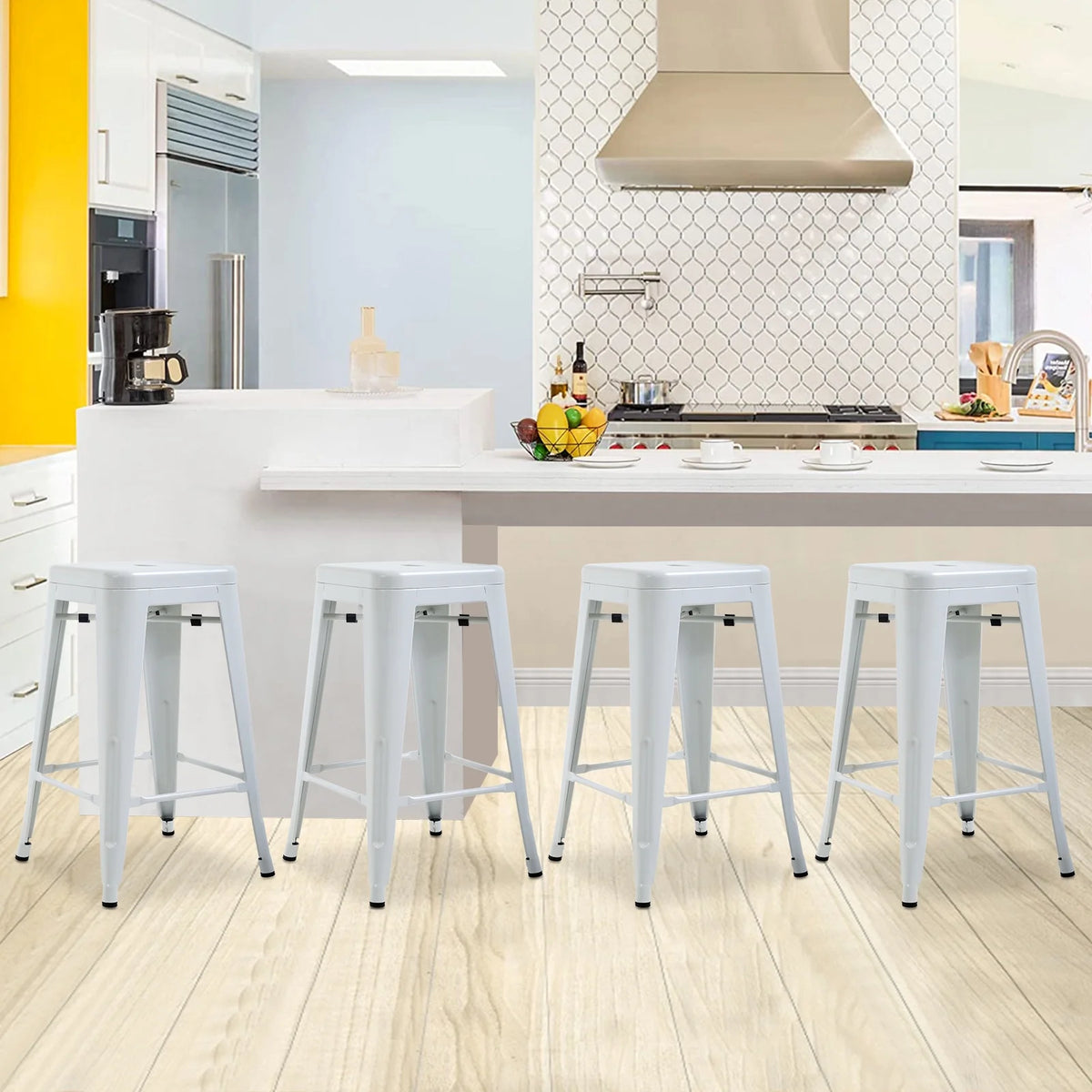 Metal Bar Stools Set of 4, 24 inch White Stackable Backless Counter Height C782876