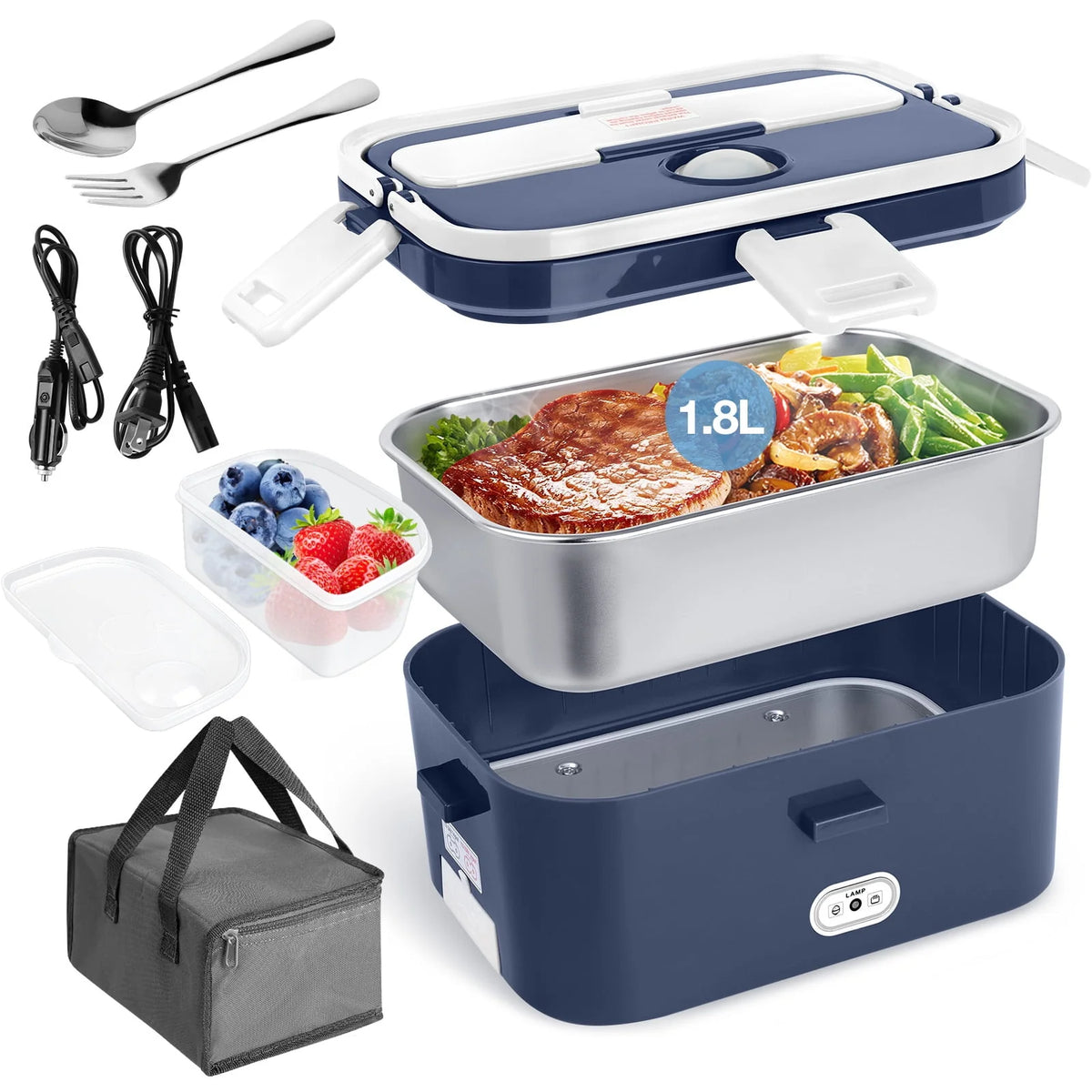 Electric Lunch Box Food Heater 60W 1.8L Stainless Steel Green Royal Blue N9727