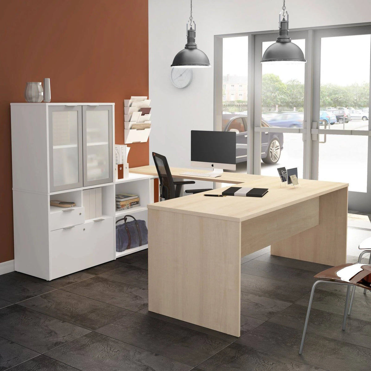 U Shape Computer Desk with Hutch H7321