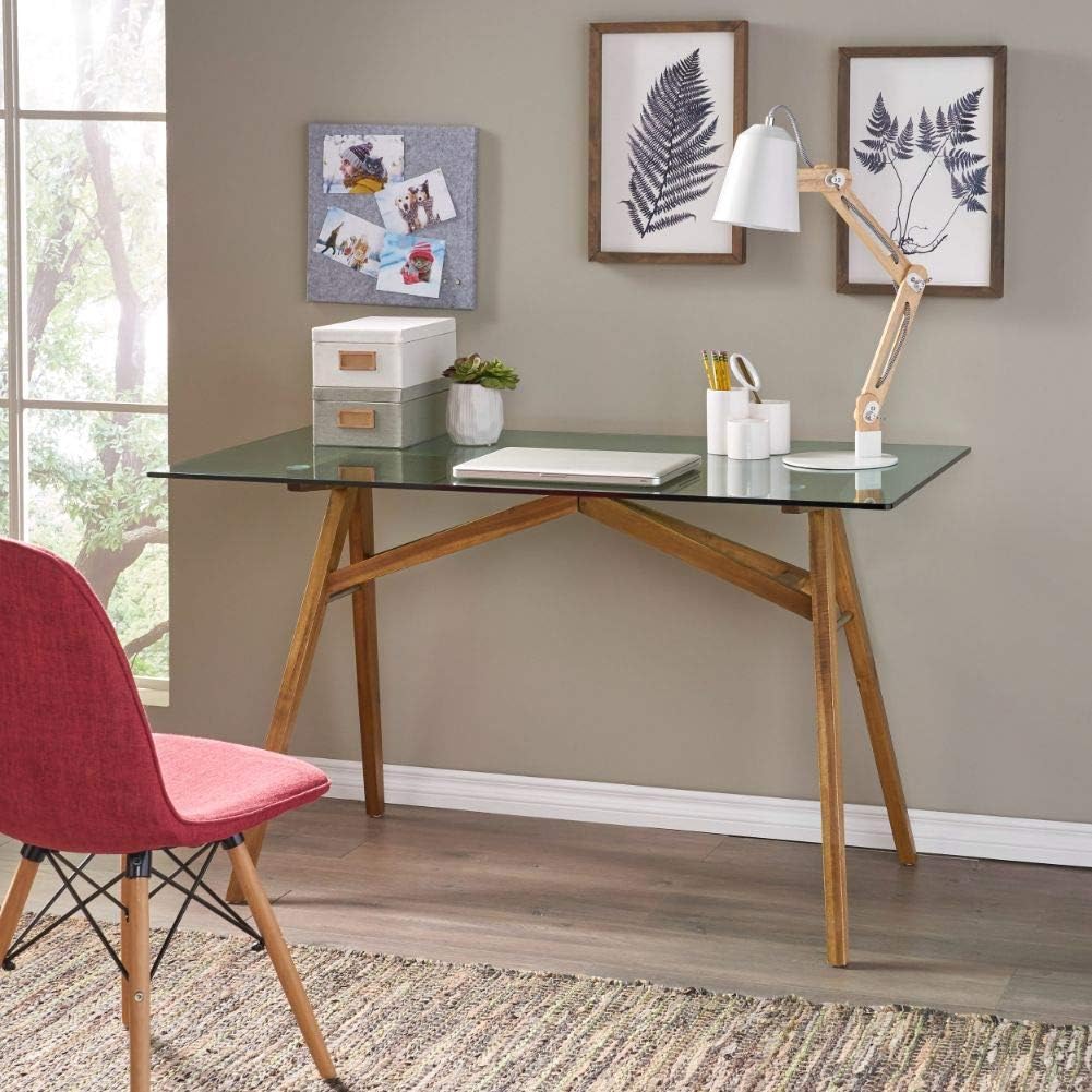 Mid-Century Tempered Glass Desk with Acacia Wood Frame Y870
