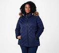 Dark Blue Quilted Puffer Coat with Faux Fur Hood R51936