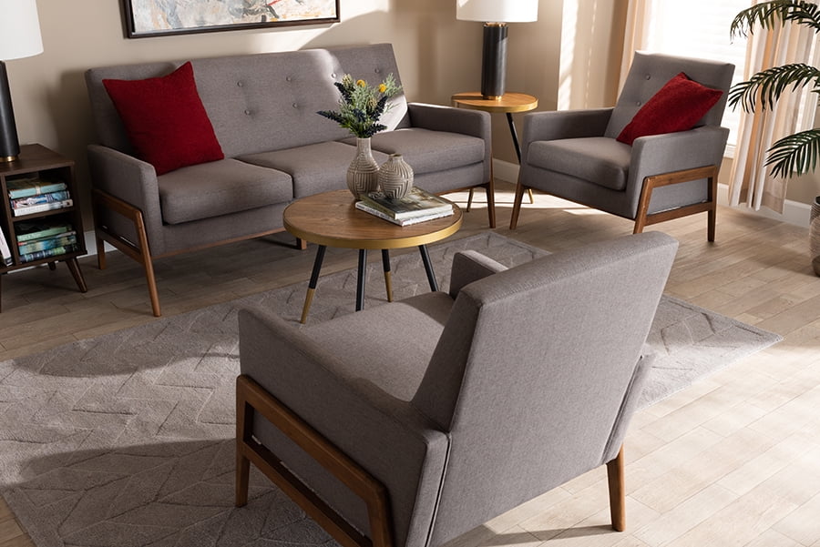 Light Grey Fabric Upholstered Walnut Wood 3-Piece Living Room Set I696