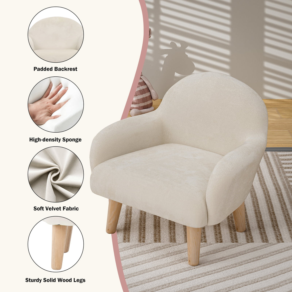 Beige Velvet Kids Armchair with Wooden Legs Z289