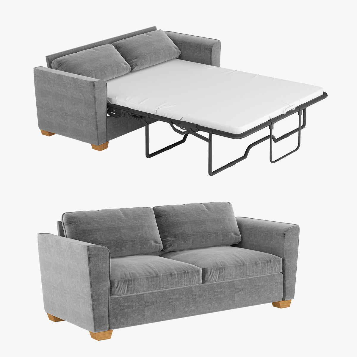 Grey Velvet Full Size Pull Out Sofa Bed with Foam Mattress I5427
