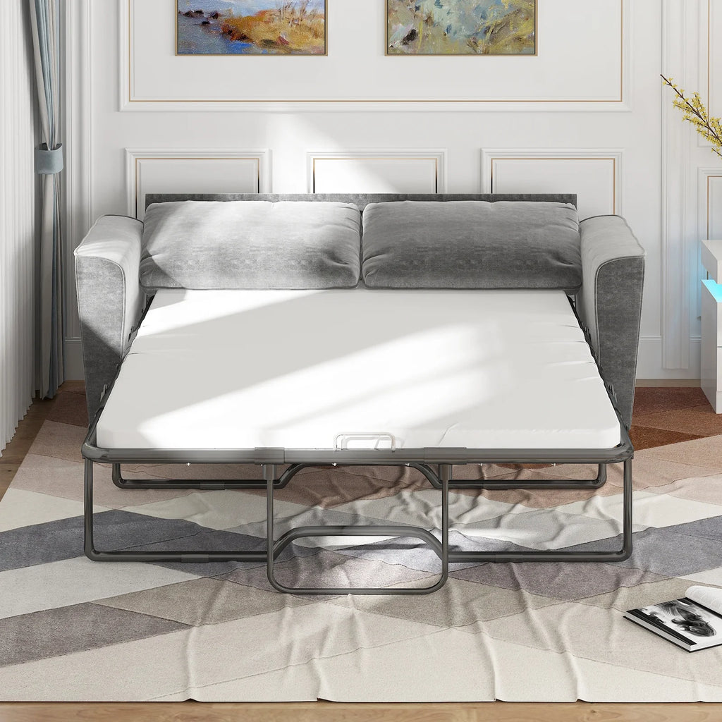 Grey Velvet Full Size Pull Out Sofa Bed with Foam Mattress I5427