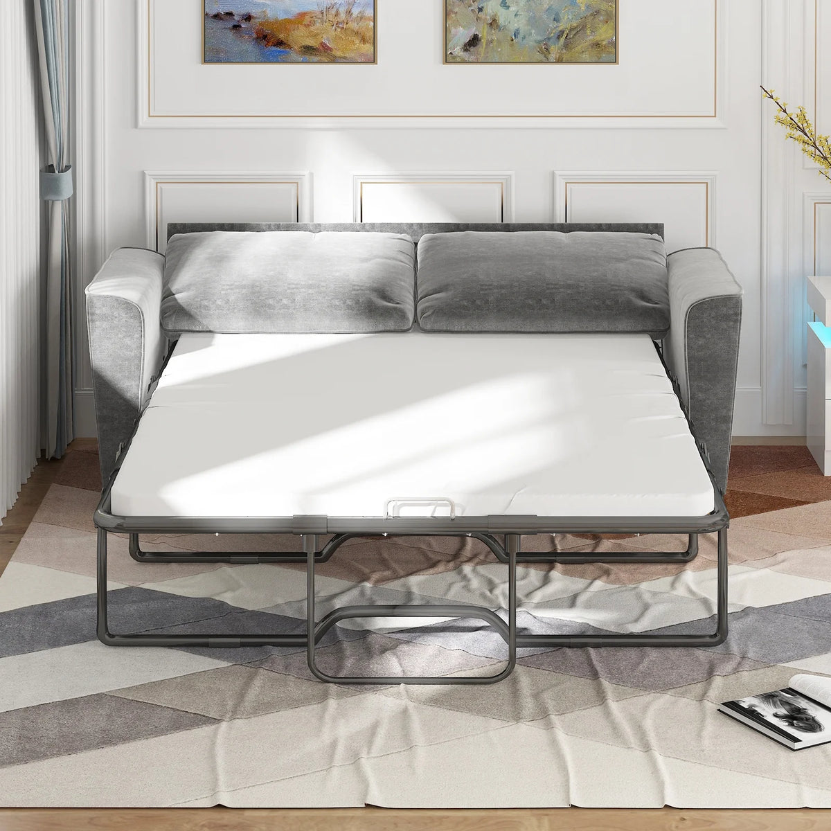Grey Velvet Full Size Pull Out Sofa Bed with Foam Mattress I5427
