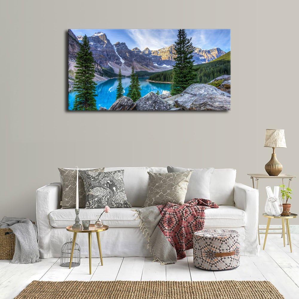 Canvas Wall Art Mountain and Lake Nature Picture Paintings - Long Canvas Artwork Moraine Lake Panoramic Contemporary Art 20 x 40 H10279