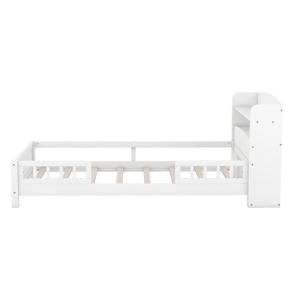 Twin Size Wood Platform Bed with Storage Headboard and Guardrail T152416