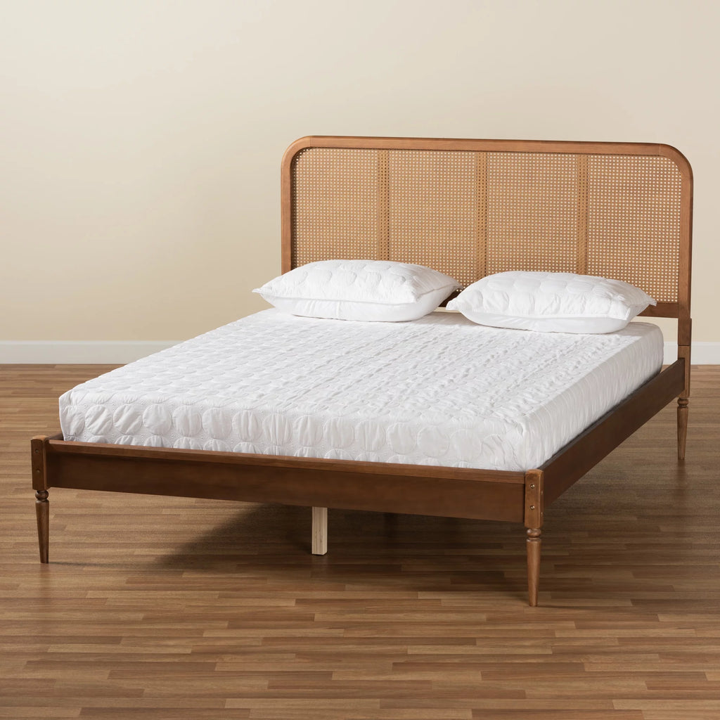 Walnut Brown Wood and Synthetic Rattan Queen Size Platform Bed A389659