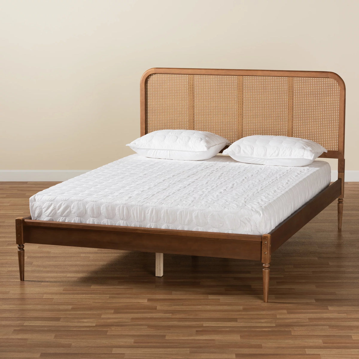 Walnut Brown Wood and Synthetic Rattan Queen Size Platform Bed A389659